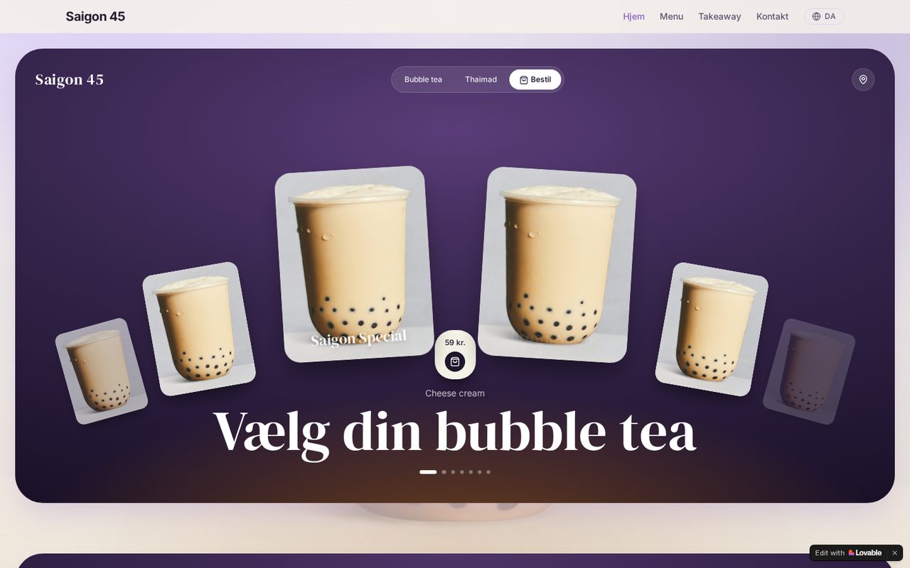 Skærmbillede af hjemmesiden for Saigon 45 med bubble tea og menu